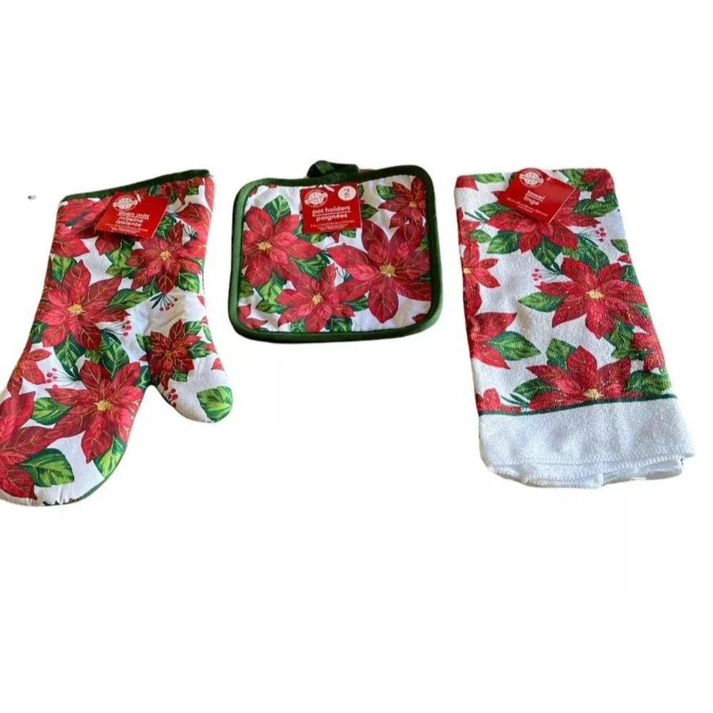 4 Set Poinsettia Holiday Kitchen Decor 2 Potholders, 1 Oven Mitt, 1 Dish Towel